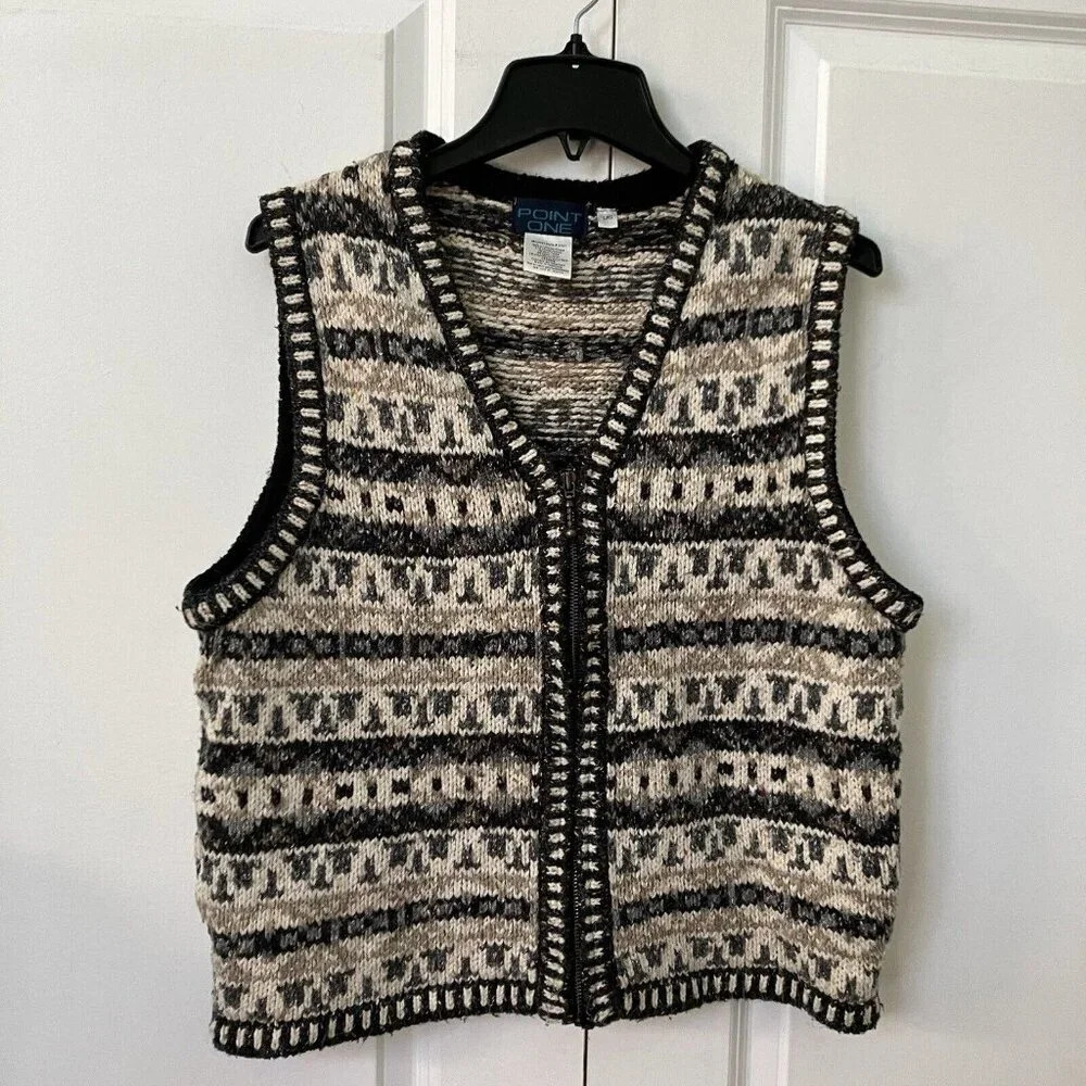 Vintage Point  One Knit Stripe Geometric Zip Sweater Vest Western Southwestern L